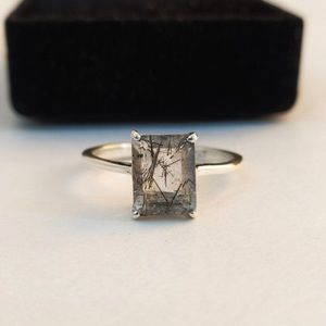 Black rutile emerald cut ring